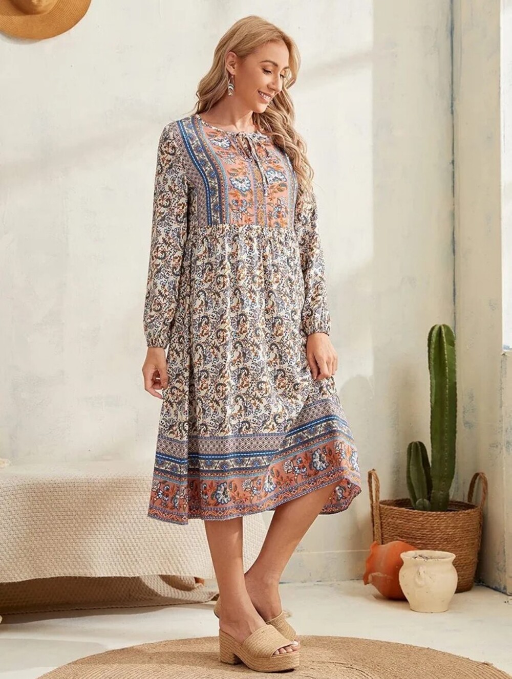 Boho Long-Sleeve Midi Dress in Rust and Cream Floral - Picture 3 of 8